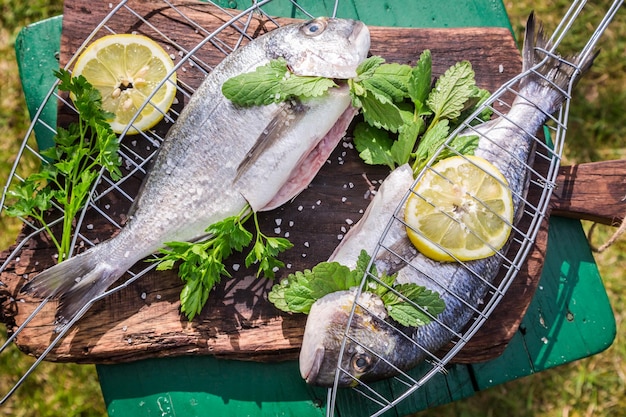 Grilling fresh fish with lemon and herbs