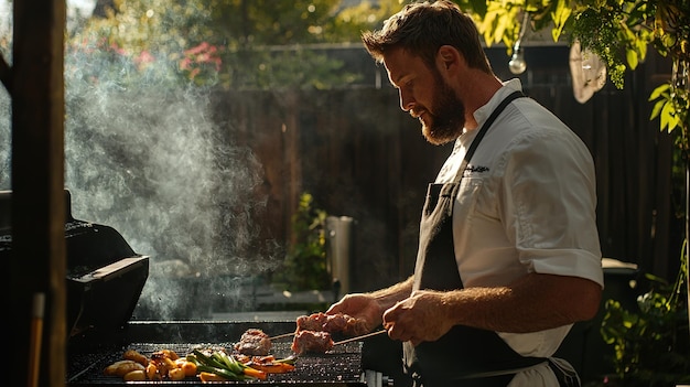 Grilling fresh vegetables and meats outdoors during a sunny afternoon