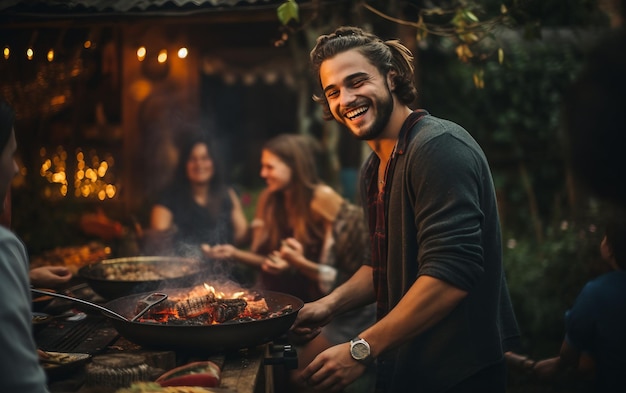 Foto divertirsi alla griglia in una riunione festiva