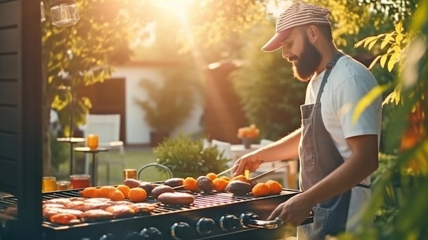 Grilling hamburgers in the backyard while wearing a hat and an apron Generative AI outdoor cooking and the American way of life