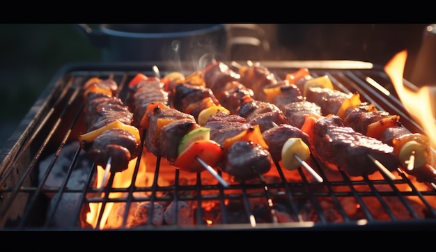 Grilling Healthy Skewers Outdoors at Sunset AI Generated