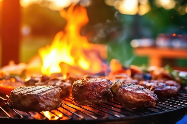 Foto griglia di costole di agnello su una fiamma calda barbecue cottura alla sera e al tramonto ai generato