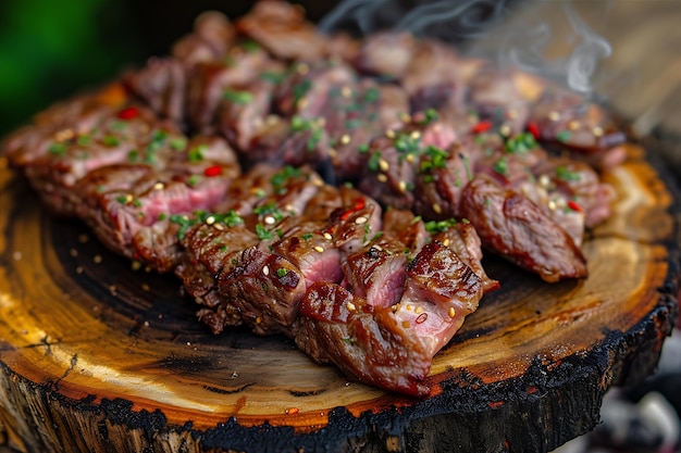 木製 の 皿 に 置か れ た 焼き肉