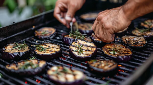 Grilling party with hands placing sliced eggplant on the barbecue