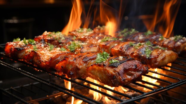 Grilling pork belly meat on a round bbq net in restaurant for eating