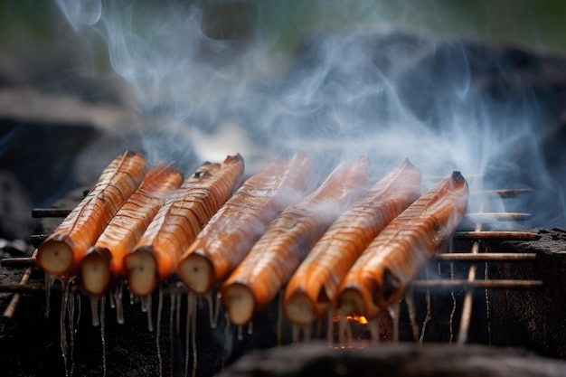 Grilling razor clams with smoke rising up created with generative ai