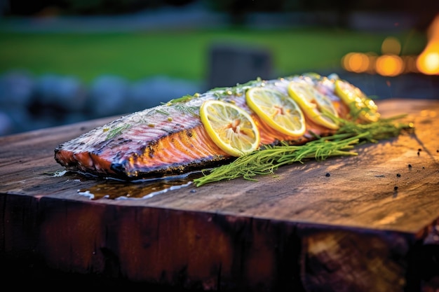 Grilling salmon with lemon slices on cedar plank created with generative ai