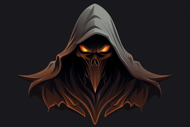 a grim face with glowing eyes on a dark background