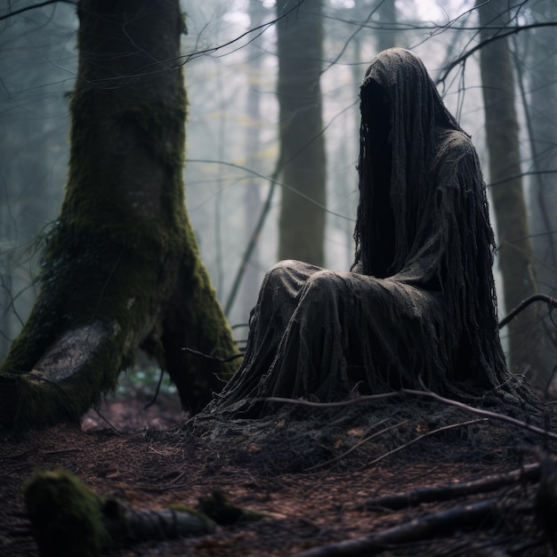 a grim figure in the woods with a hood on