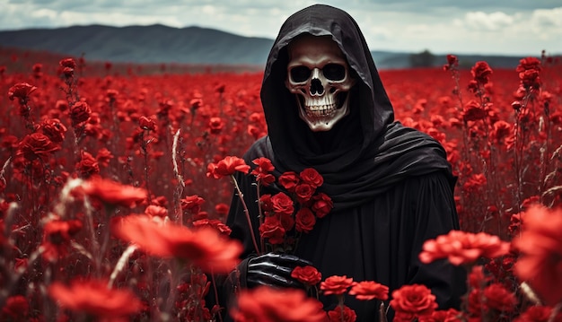 Foto la mietitrice in un campo di fiori rossi generati dall'ai