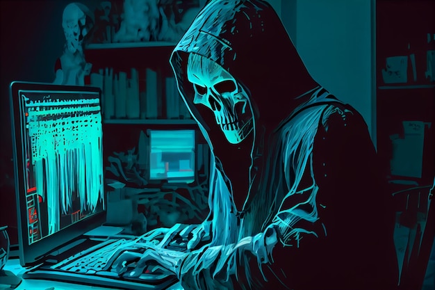 Grim reaper hacker using laptop grim reaper and laptop cybersecurity and virus concept