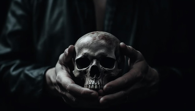 Photo the grim reaper hand grips the terrified human skull generated by ai