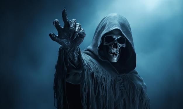 the grim reaper holding his finger over a misty room