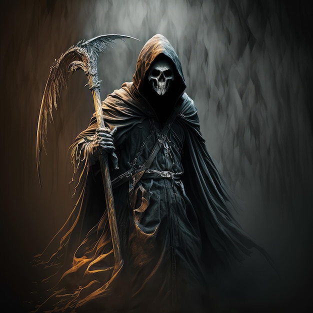 Grim reaper holding scythe in the dark Generative AI