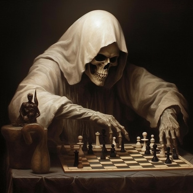 Grim reaper jogando xadrez contra um fundo de nevoeiro escuro generative ai