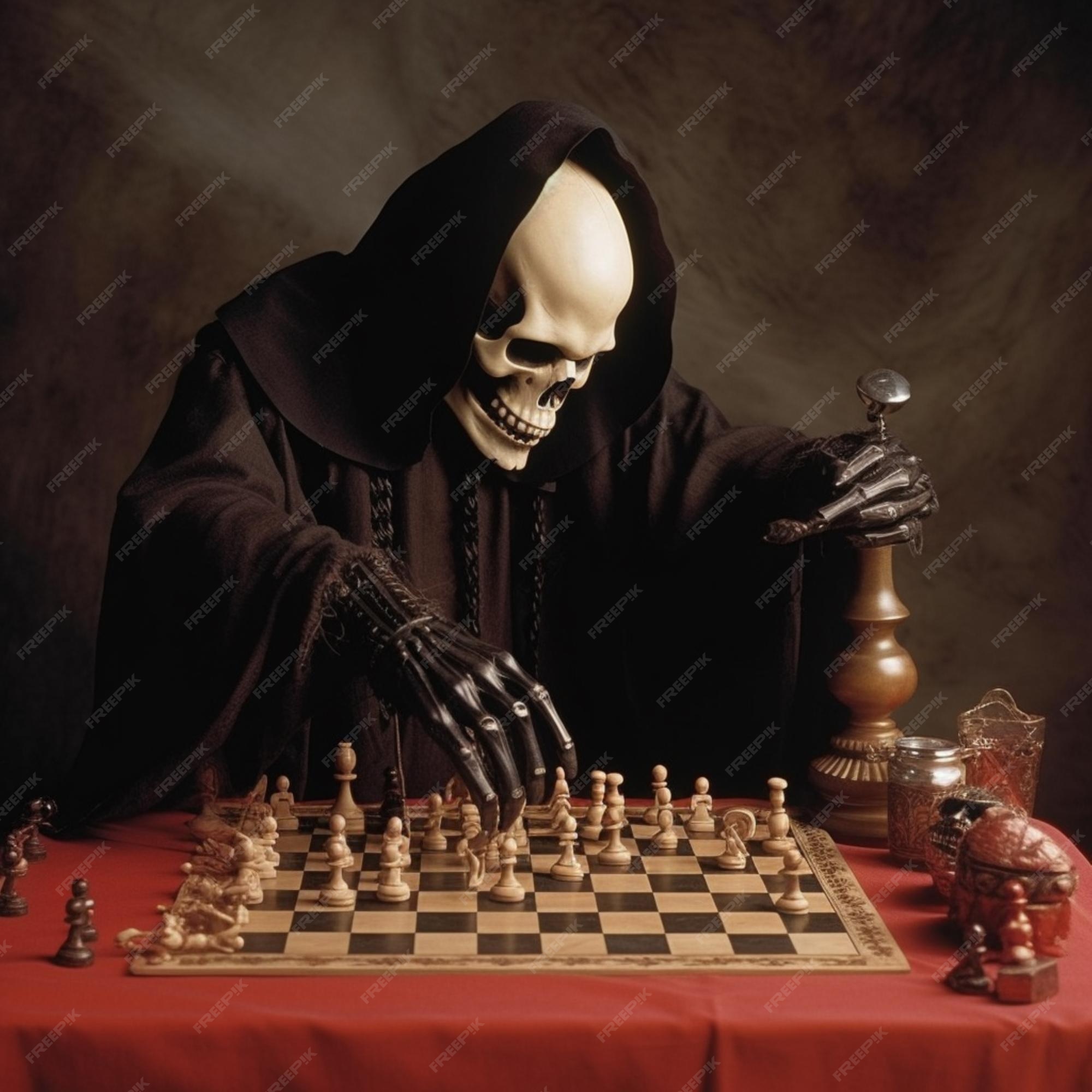 Grim reaper jogando xadrez contra um fundo de nevoeiro escuro generative ai