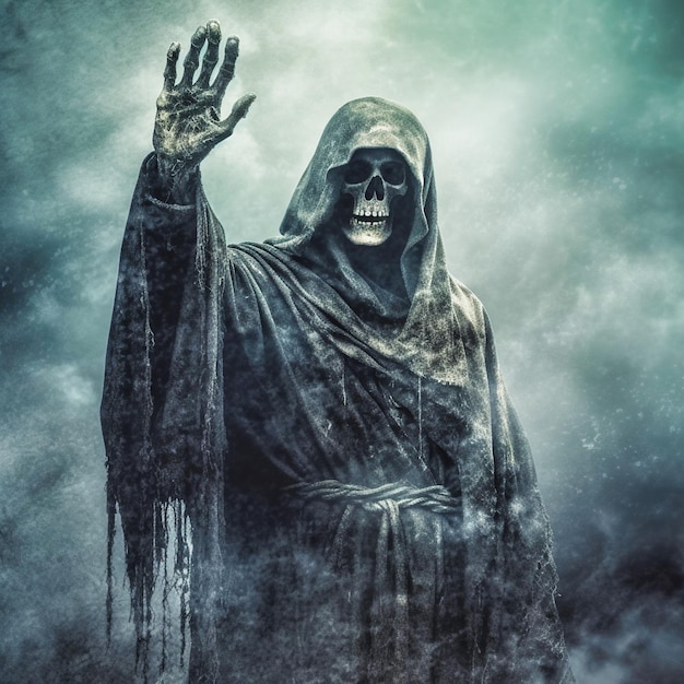 Il grim reaper allunga la mano in uno spaventoso sfondo a tema di halloween generative ai