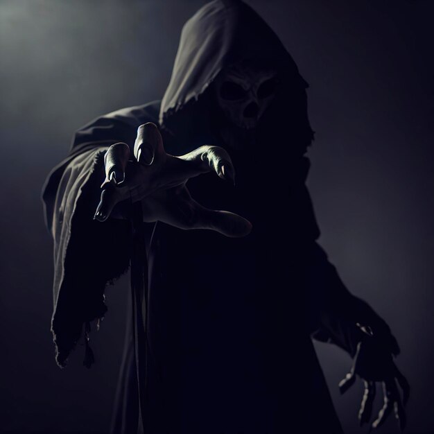 Grim reaper reaching towards the camera over dark background with copy space