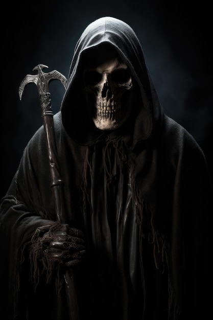 Grim reaper reaching towards the camera over dark background