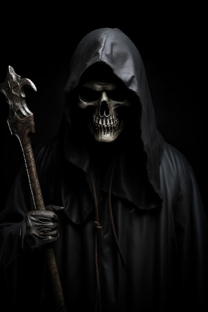 Grim reaper reaching towards the camera over dark background