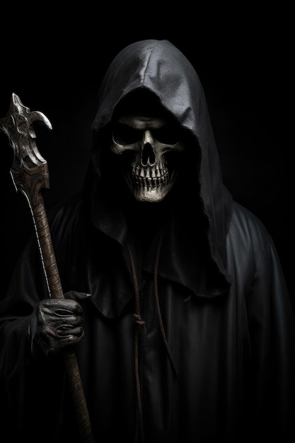 Photo grim reaper reaching towards the camera over dark background