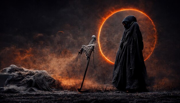 Grim reaper and skeleton on waste land against sun eclipse