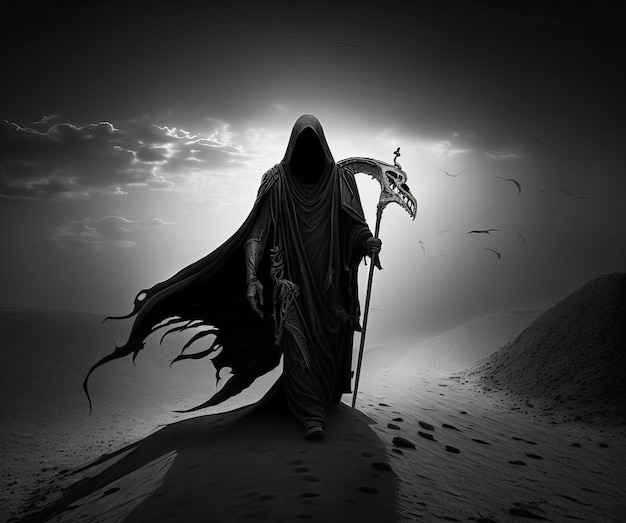 Grim reaper walking in the desert with scythe Generative AI