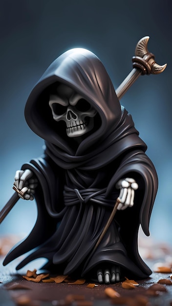 Grim reaper with black robe 3d cartoon character illustration