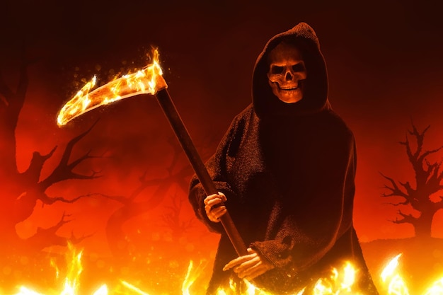 grim reaper with burning scythe in hell