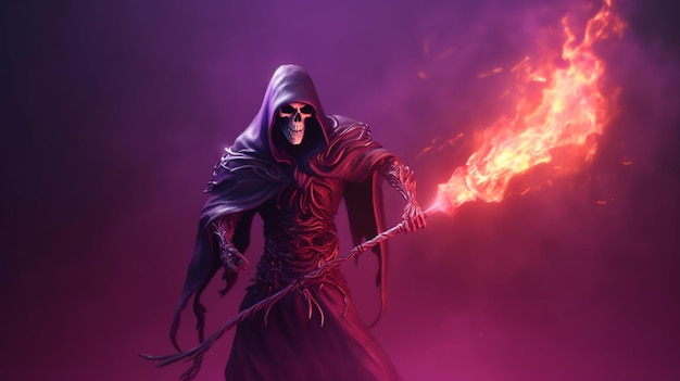 Мрачный жнец с иллюстрацией фиолетового цвета огненного дизайна