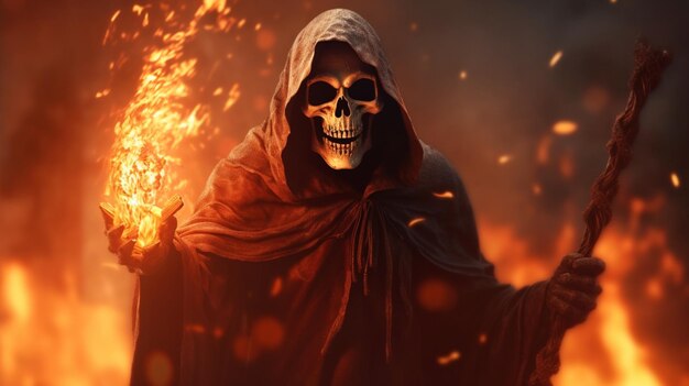 Grim reaper with fire landscape illustration