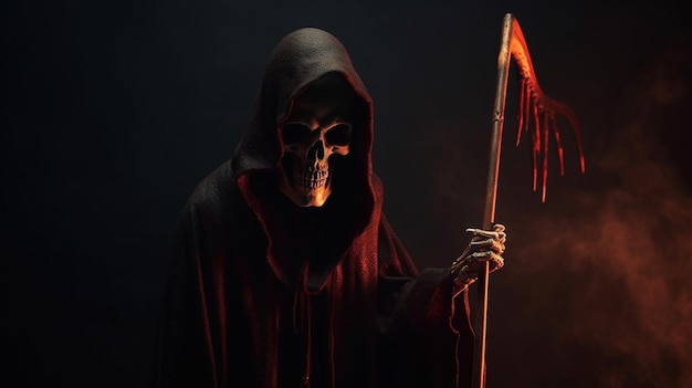 Grim reaper jogando xadrez contra um fundo de nevoeiro escuro generative ai