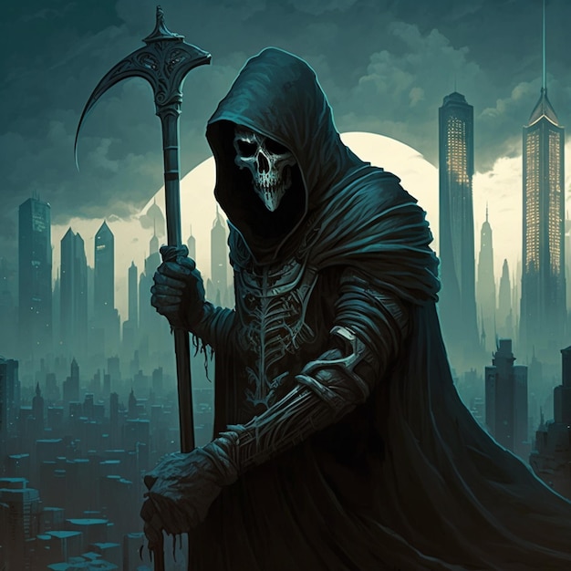 A grim reaper with a scythe in his hand is in front of a cityscape