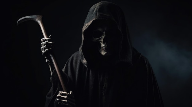 Grim reaper jogando xadrez contra um fundo de nevoeiro escuro generative ai