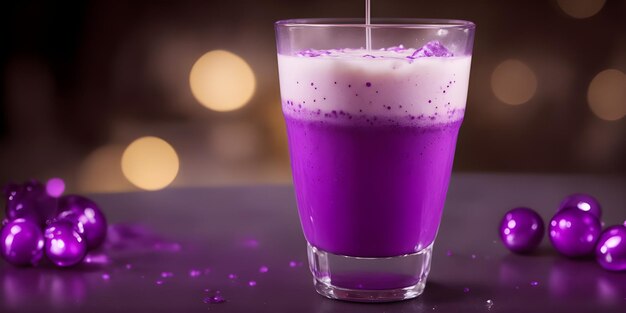 Grimace shake filled in the glass on the table bokeh lights background copy space