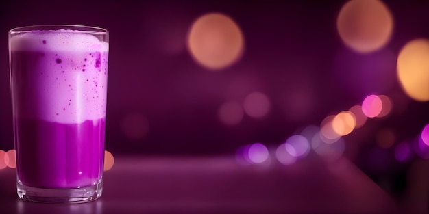 Grimace shake filled in the glass on the table bokeh lights background copy space