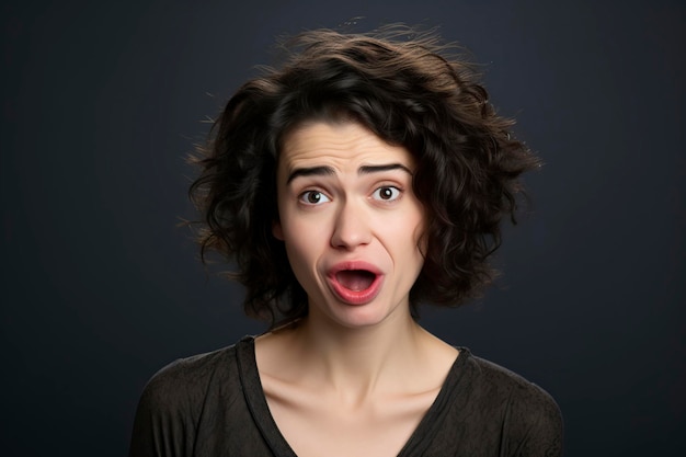 grimacing woman posing in a studio in front of the camera