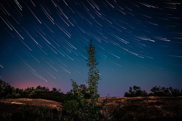 Grimmig steppepanorama met verbazingwekkende gekrulde startrails in de dageraad