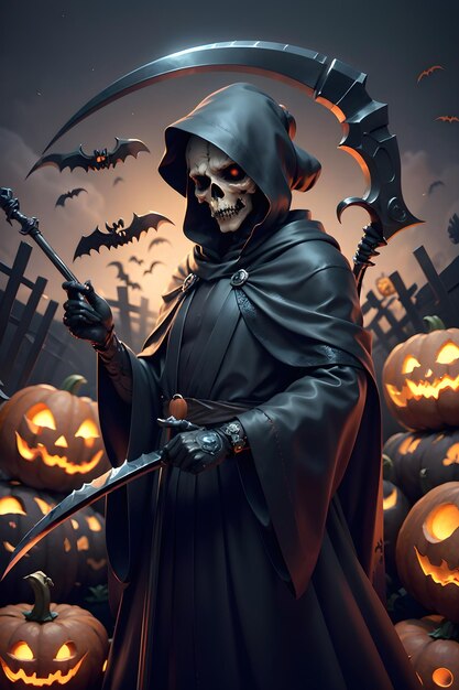 Grimreaper in a black cloak with a scythe in hands is standing next to pumpkins