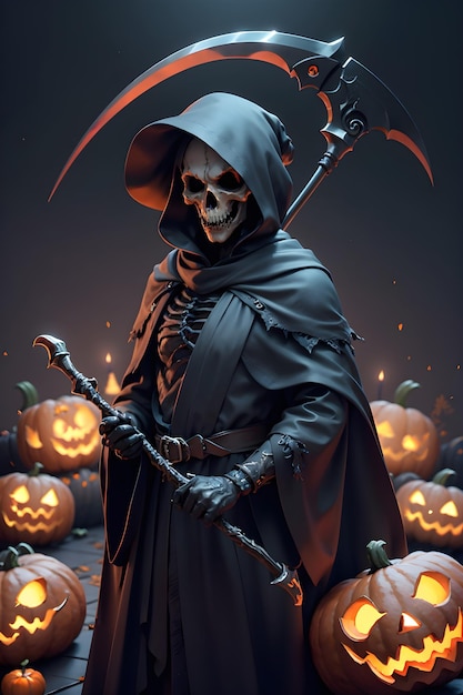 Grimreaper in a black cloak with a scythe in hands is standing next to pumpkins