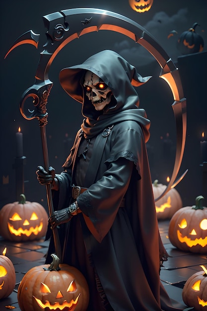 Grimreaper in a black cloak with a scythe in hands is standing next to pumpkins