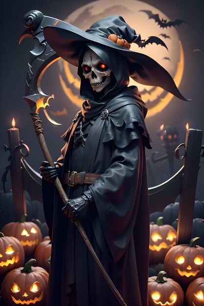 Grimreaper in a black cloak with a scythe in hands is standing next to pumpkins