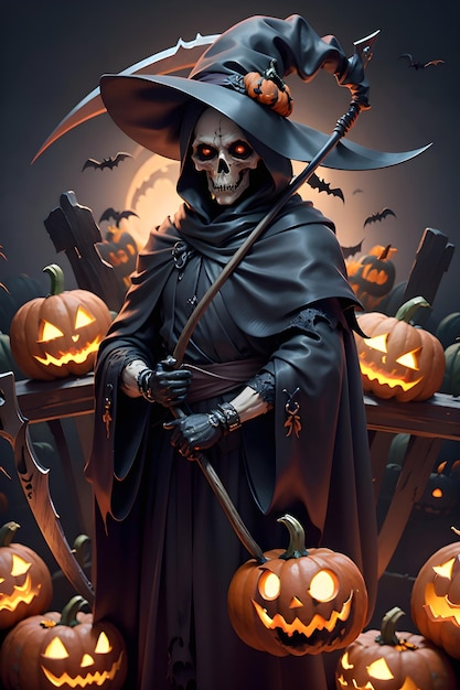 Grimreaper in a black cloak with a scythe in hands is standing next to pumpkins