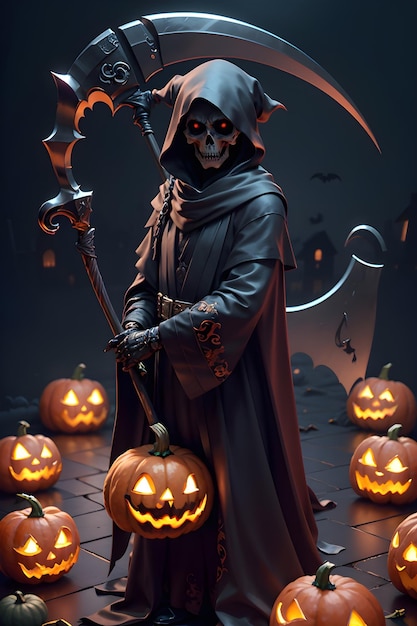 Grimreaper in a black cloak with a scythe in hands is standing next to pumpkins