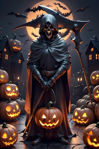 Grimreaper in a black cloak with a scythe in hands is standing next to pumpkins