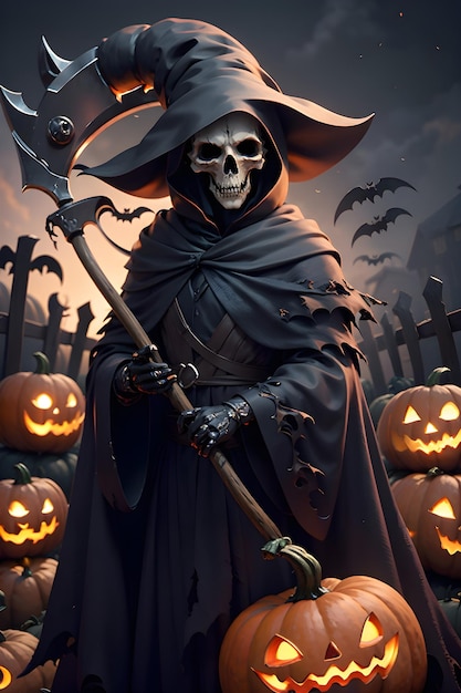 Grimreaper in a black cloak with a scythe in hands is standing next to pumpkins