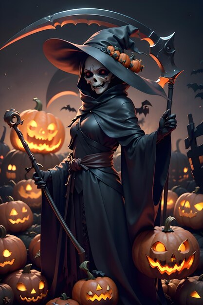 Grimreaper in a black cloak with a scythe in hands is standing next to pumpkins