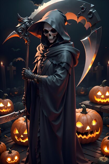 Grimreaper in a black cloak with a scythe in hands is standing next to pumpkins