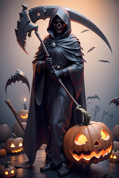 Grimreaper in a black cloak with a scythe in hands is standing next to pumpkins