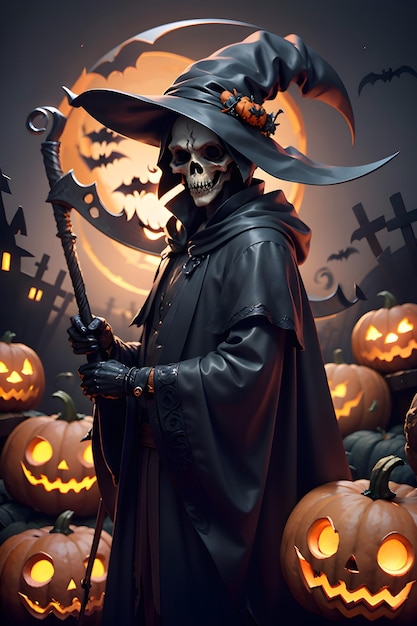 Grimreaper in een zwarte mantel met een scythe in handen staat naast pompoenen